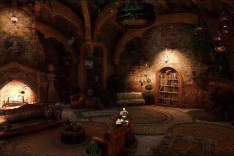 Hufflepuff common room with fireplace and soft sounds of rain | Cozy ambience of Hogwarts Castle