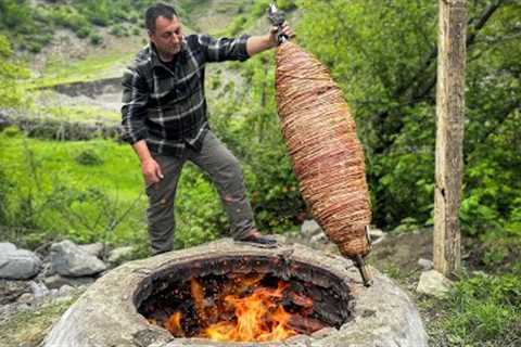 A Huge Turkish Kokorec Fried In A Tandoor! Incredibly Crunchy Taste